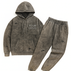 Sun-Faded Distressed Streetwear Solid Survêtement Ensemble À Capuche + Joggers Coupe-Vent Respirant Logo Personnalisé & Design Hiver Unisexe - Product Image 5