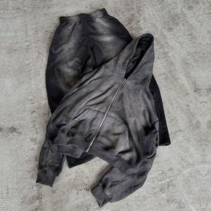 Sudadera con capucha y cremallera de algodón gris de talla grande de gran tamaño para hombre, chándal personalizado vintage lavado al sol desteñido - Product Image 4