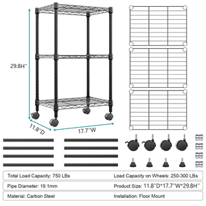 MZG 3 Tier <b>Shelf</b> Metal Rolling Storage <b>Shelves</b> <b>Wire</b> Mesh Utility Rack Shelving Unit with Lockable Wheel - Product Image 2