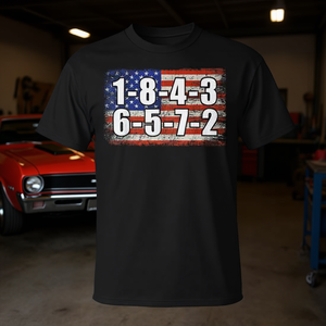 T-shirt unisexe pour adulte à col rond et manches courtes avec impression sérigraphiée du drapeau américain 18436572 Firing Order Small Block V8 Engine - Product Image 3