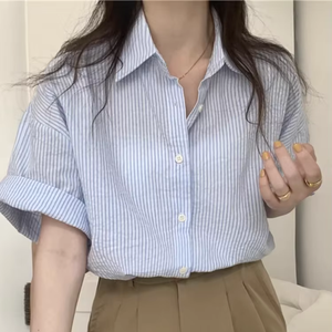 Chemisier à rayures décontracté pour femmes de haute qualité coréenne à manches courtes col rabattu meilleur choix pour les invités respirant régulier - Product Image 1