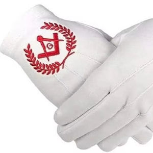 Gants maçonniques 100% coton, compas et équerre - Rouge (2 paires) (Petit) Trois lignes de couture soignées au dos de la main - Product Image 1