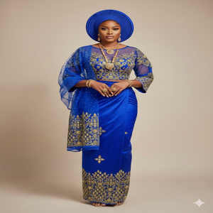 Conjunto de Boda Premium Ecológico de Tela George Dorada Hecha a Mano, Material Tradicional Nigeriano para Mujer y Niña, Blusa y Wrapper - Product Image 3