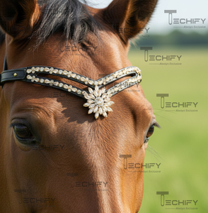 Bride de luxe en cuir noir faite à la main avec bandeau de tête de cheval en cristal double rangée, centre de table en fleurs or champagne, accessoire de bride en forme de V - Product Image 5
