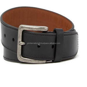 Cinturón informal de piel de vaca para hombre, cinturón de cuero marrón o negro con costuras de borde fuerte y hebilla de latón plateado antiguo - Product Image 6