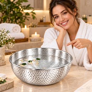 Bassin de pédicure rond en acier inoxydable martelé, bol de trempage pour les pieds, couleur argent - Product Image 4
