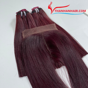 Venta al por mayor extensiones de cabello de trama de doble trazo hueso recto rojo vino color vietnamita paquetes de cabello humano con cierre de encaje HD - Product Image 1