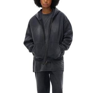 Sudadera con capucha para hombre de estilo urbano, gruesa, con cremallera, lavado ácido, efecto desgastado por el sol, vintage, con logo personalizado, 100% algodón, oversize, hombros caídos - Product Image 2