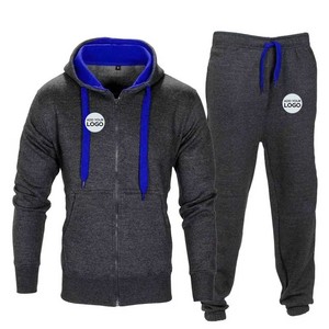 Ensemble de survêtement pour homme en molleton à fermeture éclair intégrale, imprimé uni, 2 pièces, jogging d'hiver - Product Image 1