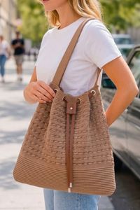 <b>Boho</b> Chic Women's Crochet Tote <b>Bag</b> Drawstring Closure Summer Beach Style Handmade Shoulder <b>Bag</b> Solid Color Casual Daily Use - Product Image 4