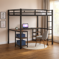 Lit mezzanine en métal noir avec bureau et étagères de rangement Lit superposé en forme de L pour enfants, adultes, dortoirs scolaires et appartements
