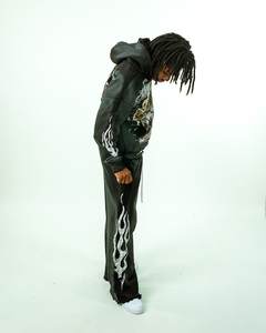 Survêtements évasés à glissière intégrale personnalisés en détresse Ensembles de jogging à capuche unisexe délavés à l'acide avec sérigraphie pour hommes - Product Image 1