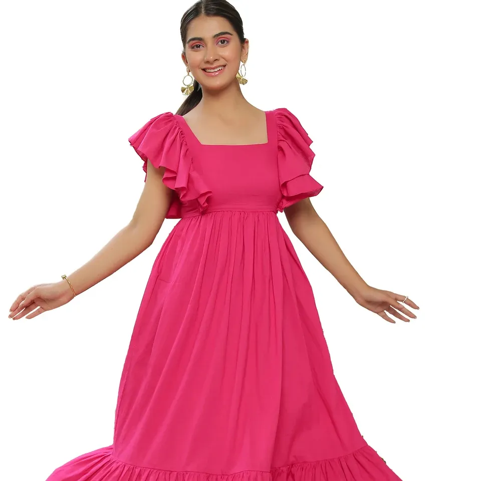 Vestido largo acampanado de color rosa baya con elemento Ajrakh naranja quemado en vestido Vestido corto de una pieza de algodón informal para mujer