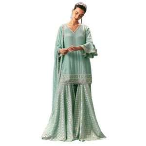 Traje Sharara con volantes azul claro con Kurta y Dupatta bordados para fiesta, boda, ropa de recepción India festiva - Product Image 4