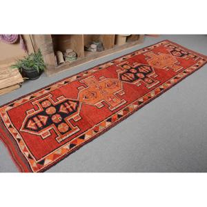 Turkish Vintage Eco-Friendly Latex Backing Rug 3.1x10.5 ft Herki Rug <b>Red</b> Blue Patchwork <b>Wool</b> Rug with Medium Pile - Product Image 5