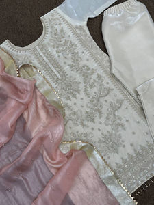 Heavy Designer Pure Silk Heavy Embroidery and Riveted Moti Work <b>Kurti</b> and Pant With Fancy Latkan Lace Border Dupatta - Product Image 4