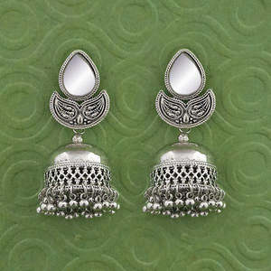 Jeweljunk <b>Vintage</b> Silver Plated Mirror Jhumki Stud <b>Earrings</b> Classic Ethnic Tassel Design for Party Mainly Made Brass <b>Gold</b> - Product Image 1
