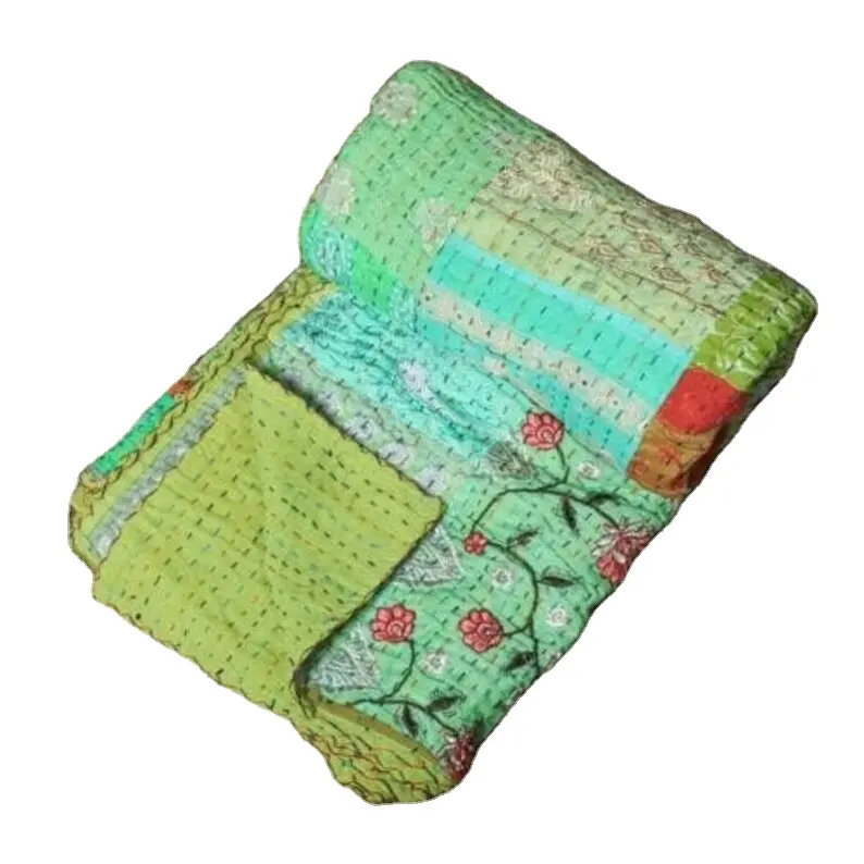 Indien Kantha soie Khambadiya Patchwork couvre-lit couettes literie couvre-lit jeter couverture King Size Gudri couleur verte canapé jeter