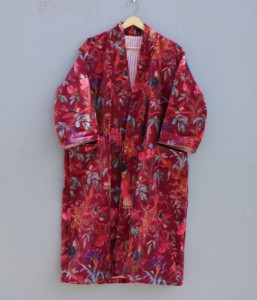 Kimono de terciopelo de algodón 100% para mujer, bata de verano, invierno, Floral, con cuello en V, cinturón, albornoz, Maxi vestido indio hecho a mano - Product Image 4