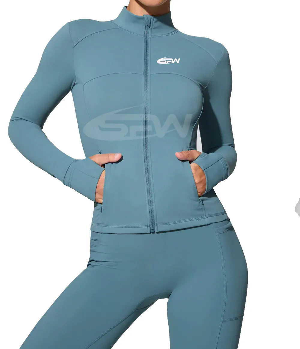 Großhandel Fabrik neu Stehkragen hohe elastische Yoga-Bekleidung Fitnessstudio Sport Fitness Damen Slim Fit Outdoor Reißverschlussjacken