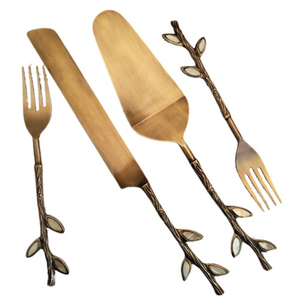 Precio al por mayor del proveedor directo, cuchillo de acero inoxidable para Pastel de Bodas y juego de servidor en mango de diseño de ramita chapada en oro - Product Image 1