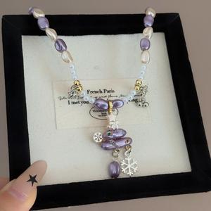 Collier Pendentif Arbre de Noël Plaqué Or avec Perles d'Imitation Violettes Exquises, Nouveau et Tendance, Style Japonais et Coréen, pour <span class=keywords><strong>Femme</strong></span> - Product Image 1