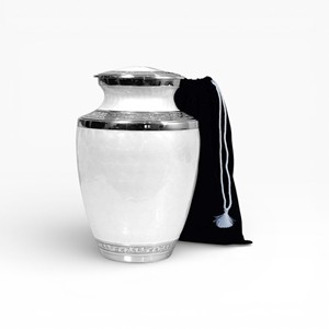 Soft Pearl White Cremation Urn with Subtle Wave <b>Texture</b> Gloss Finish and Silver Rim for Peaceful Remembrance - Product Image 6