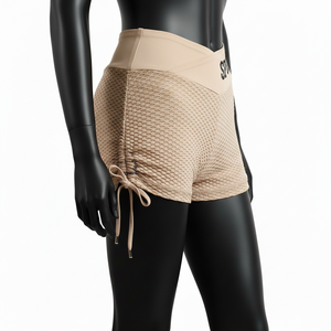 Shorts de sport pour femme, 220 GSM, polyester et élasthanne, maille nid d'abeille beige, taille haute, logo brodé personnalisé. - Product Image 3