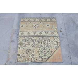 Vintage Turkish Rug, 2.1x2.7 ft Rug, <b>Brown</b> Green Bordered <b>Wool</b> Rug - Product Image 1