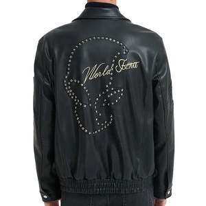 <b>Men's</b> PU Leather Bomber <b>Jacket</b> Moto <b>Biker</b> Style Embroidered Patch Design Turn-Down Collar Zipper Closure Regular Fit Winter - Product Image 3