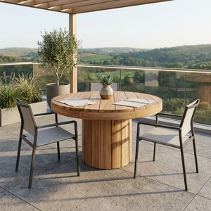 Natural Teak Wood <b>Round</b> Outdoor Garden Dining <b>Table</b> Fluted Pedestal Base Wooden <b>Patio</b> <b>Table</b> Setup Decor Pure Art Design - Product Image 3