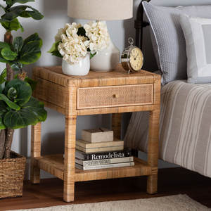 Amoll 1 Table de chevet minimaliste en bois massif et rotin, meuble de chevet à 1 tiroir en brun naturel pour appartement ou salon - Product Image 6