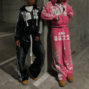 Pantalones de chándal acampanados con logotipo de impresión digital de diamantes de imitación personalizados y Conjunto de sudadera con capucha, ropa de calle desgastada, chándal para hombre lavado con ácido - Product Image 1