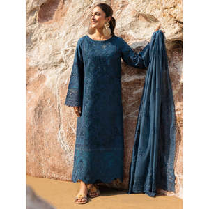 Ensemble 3 pièces MAHNUR-3PC DHANAK : Chemise brodée au laser, châle brodé DHANAK et pantalon - Product Image 1