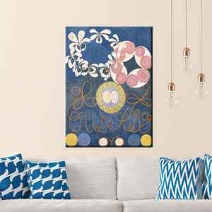 Arte de pared en lienzo impreso: decoración abstracta floral azul y rosa, enrollado en lienzo tipo galería - Product Image 1