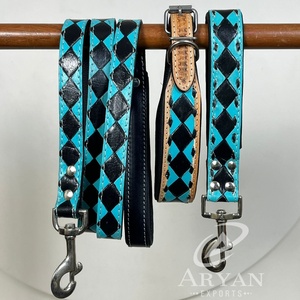 Laisse de collier de chien à carreaux noir et turquoise de luxe de qualité supérieure usinée à la main de concepteur personnalisé populaire ensembles assortis de 3 pièces - Product Image 1