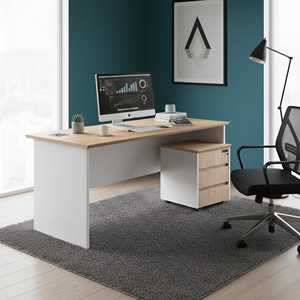 Bureau en placage de bois mélaminé naturel avec découpes pour câbles, base blanche solide, design minimaliste moderne en forme de L pour bureau et chambre à coucher - Product Image 5