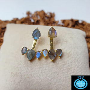 Pendientes de Labradorita Natural con Forma de Pera |   Pendientes de Botón con Piedra de Nacimiento Chapados en Oro para Mujer - Product Image 3
