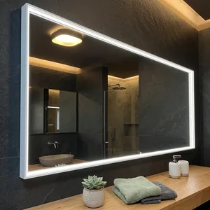Miroir de salle de bains LED rectangulaire moderne avec cadre blanc mince, bande lumineuse intégrée à quatre côtés, éclairage uniforme sans ombre - Product Image 1
