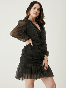 Robe de soirée en mousseline de soie sur mesure, longueur genoux, avec volants et taille naturelle, pour revendeurs de vêtements et boutiques - Product Image 4