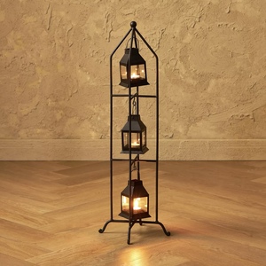 2026 Ramadan Home Decorations <b>Black</b> Metal Candle Holder <b>Lantern</b> Stand with 3 Hanging <b>Lanterns</b> - Product Image 3