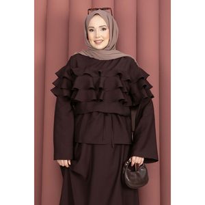 Ensemble jupe en crêpe marron café deux pièces avec short évasé taille XS, haut à volants et haut superposé style club - Product Image 2
