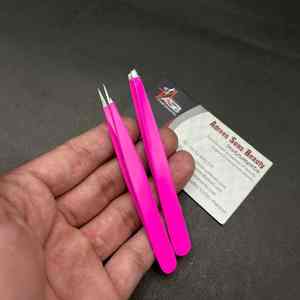 Pince à sourcils rose vif avec logo personnalisé pointes pointues inclinées en acier durable pour ciseaux à ressort pour sourcils et cils - Product Image 2