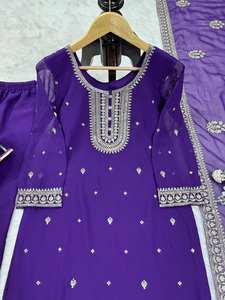 Costume salwar pakistanais en soie avec broderie Robe longue Georgette Kameez Dupatta pour les fonctions de mariage - Product Image 3