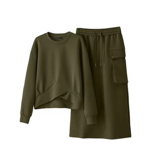 Ensembles 2 pièces pour femmes grandes tailles, mode printemps, col rond, poignets plissés, manches longues, ourlet noué, sweat-shirts, jupes midi, décontractés - Product Image 2