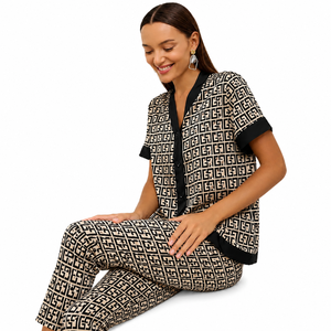 Women's 100% Cotton Suprem Fabric Two-Piece <b>Pajama</b> <b>Set</b> Soft Breathable Lightweight V-Neck Button Fly Short Sleeves Mid Rise - Product Image 3