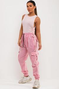 Hip Hop Style été plat avant respirant rose solide uni à la mode personnalisé plusieurs poches coton Cargo pantalon femmes - Product Image 2