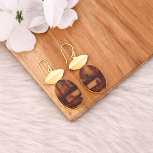 Pendientes colgantes de jaspe Malinga chapados en oro de latón de aspecto natural con dije de diseño artesanal, pendientes colgantes de latón, regalo para ella - Product Image 3
