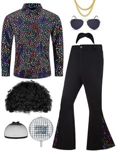 Nouvel ensemble de costume disco des années <span class=keywords><strong>70</strong></span> pour hommes - Chemise à paillettes, pantalon évasé avec <span class=keywords><strong>perruque</strong></span> afro, moustache et accessoires pour fête disco rétro d'Halloween - Product Image 1