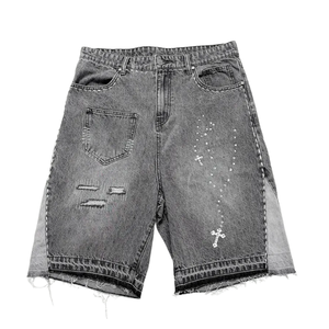 Shorts Holgados con Estilo Desgastado y Lavado Vintage, 100% Algodón, Sólidos, de Alta Calidad, Transpirables, para Uso Urbano - Product Image 1